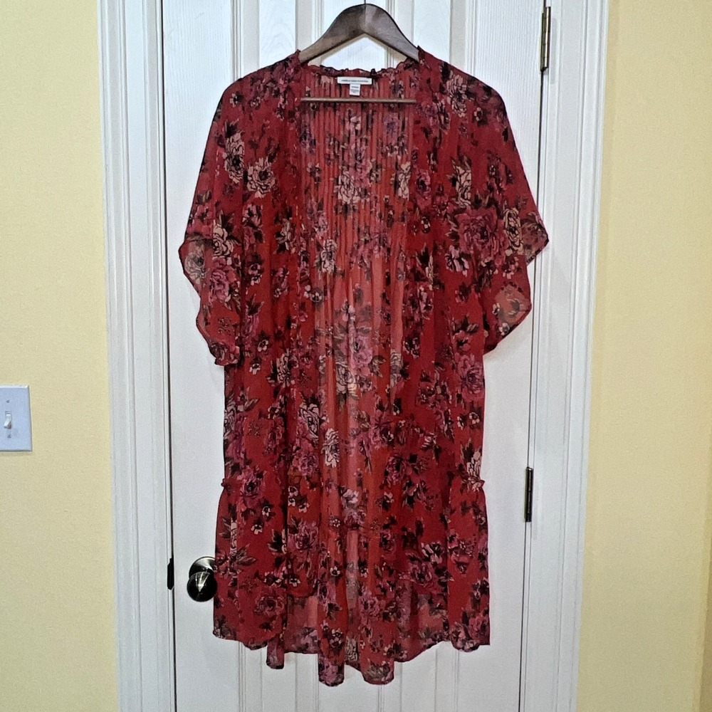 American Eagle Outfitters Red Floral Open Front Ruffle Kimono Sz S Boho Flowy